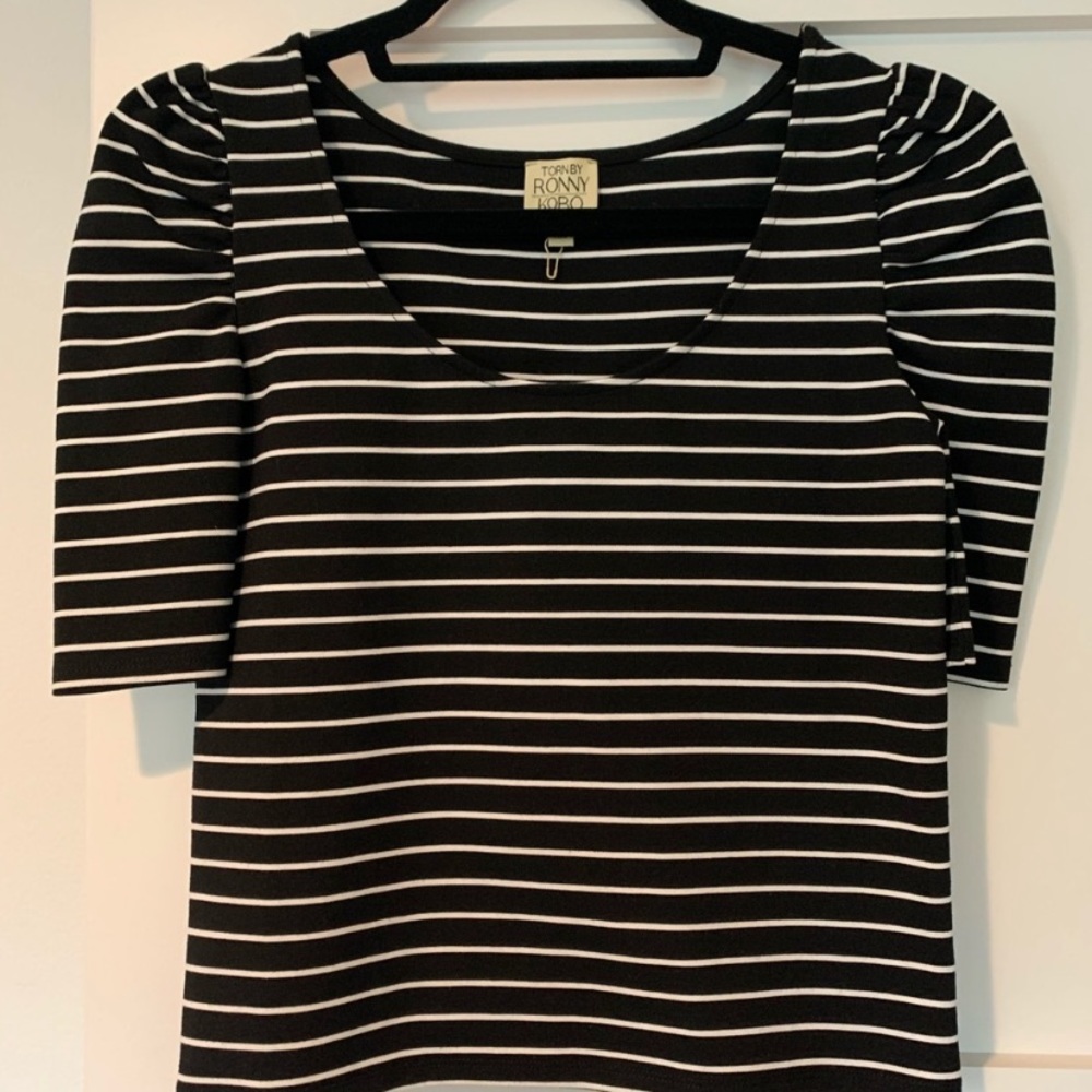 Ronny Kobo Classic Black & White Striped Quarter Sleeve Top